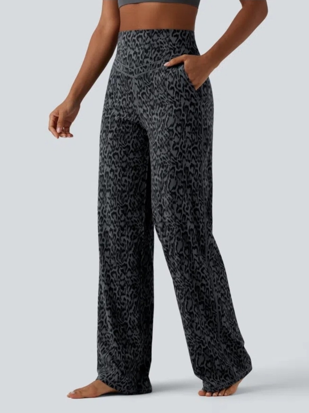 HALARA Black Leopard-Print Wide Leg Lounge Pants